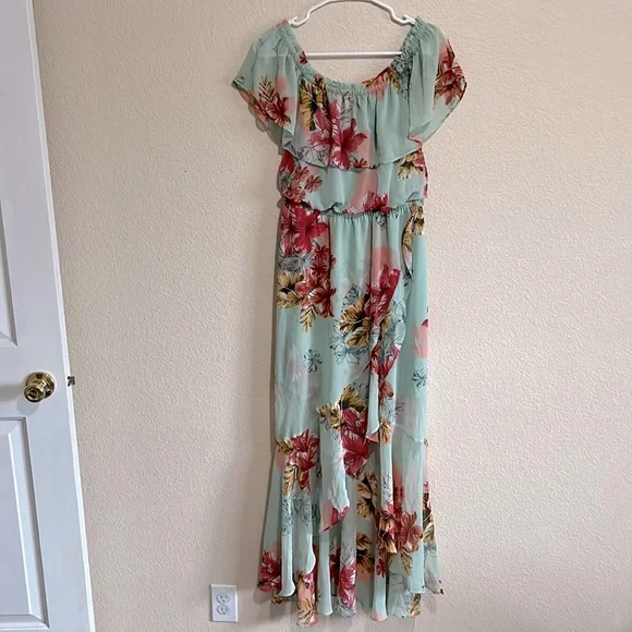 Express Off Shoulder Mint Green Floral High Low Dress